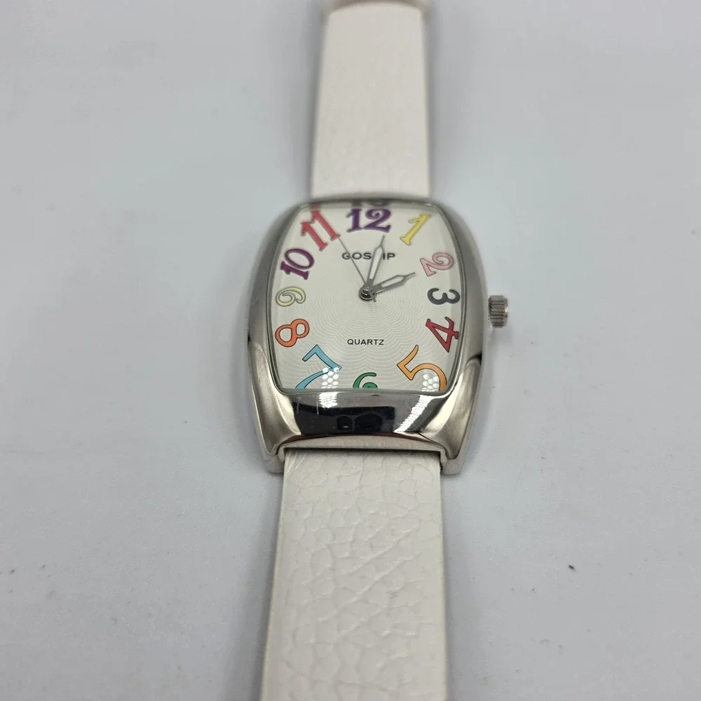Gossip Watch Womens Quartz Multicolor White Leather Rectangle Silver Tone GSP727